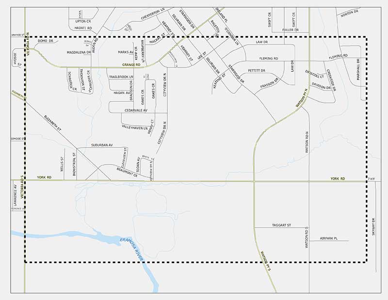 Map of the area surrounding the York Road east of Victoria Drive