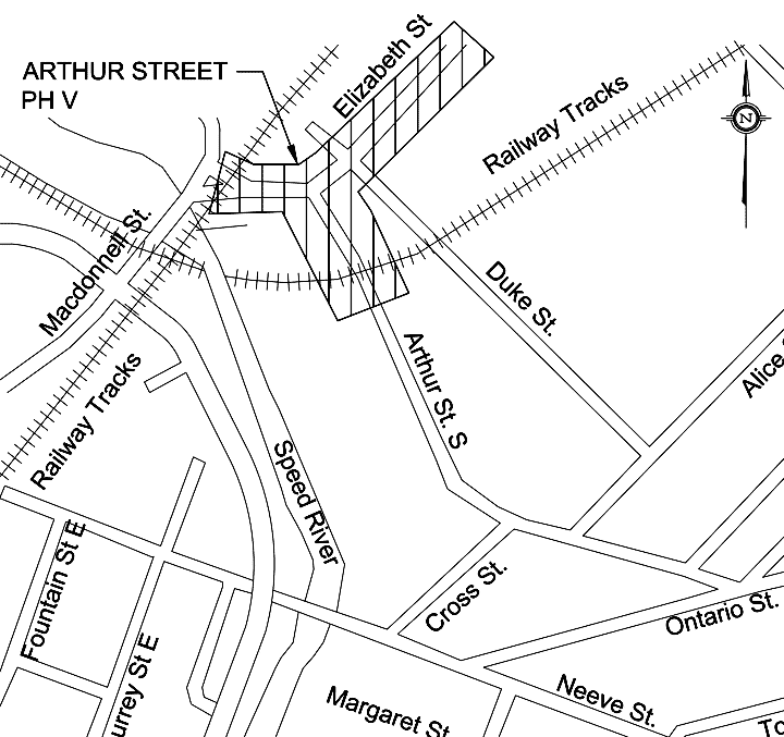 location map showing the are of construction on Elizabeth and Arthur Streets