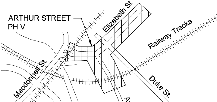 outline map showing the Arthur Elizabeth rebuild construction area