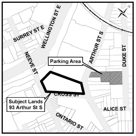 Location map of 93 Arthur shown between Arthur,Cross, Neeve streets and the Speed River