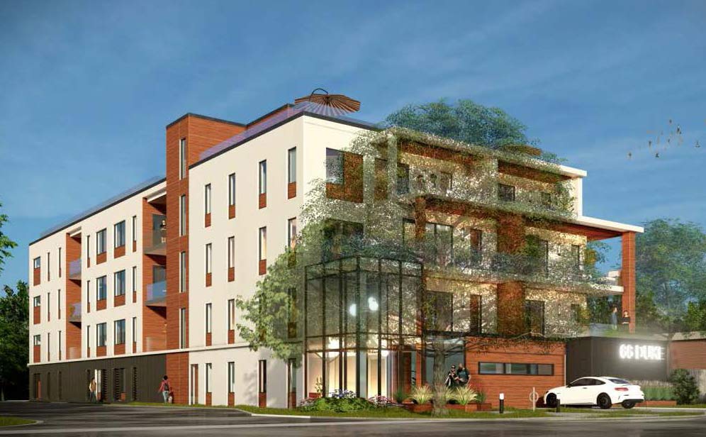 Rendering of proposed apartment building at 66 duke street in Guelph. Oblique view of a 4 story apartment buildingy