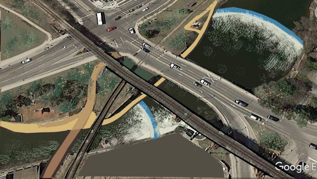 Arial view of the Macdonell Bridge, Metrolinx bridge, and the Guelph Junction Railway bridge spanning the Speed River. The proposed shared use path is shown passing under the other bridges.