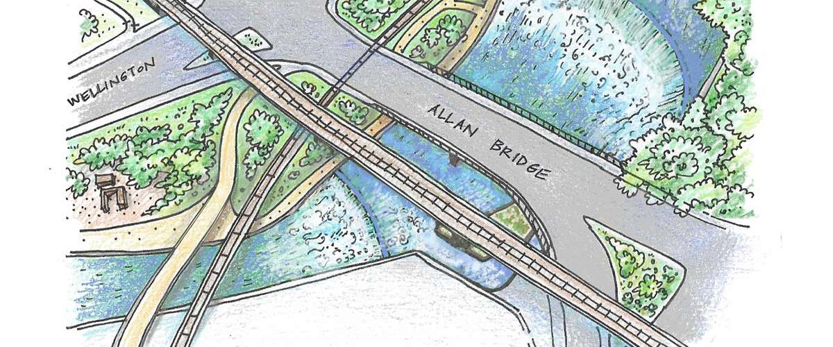 Arial rendering of the Macdonell Bridge, Metrolinx (GXR) bridge, and the Guelph Junction Railway bridge (lower left) spanning the Speed River. To the left of the GJR rail bridge is the proposed Ward to Downtown Footbridge. Passing underneath is the proposed shared use path under the other bridges.