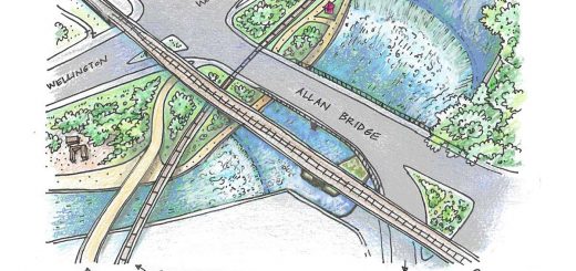 Arial rendering of the Macdonell Bridge, Metrolinx (GXR) bridge, and the Guelph Junction Railway bridge (lower left) spanning the Speed River. To the left of the GJR rail bridge is the proposed Ward to Downtown Footbridge. Passing underneath is the proposed shared use path under the other bridges.