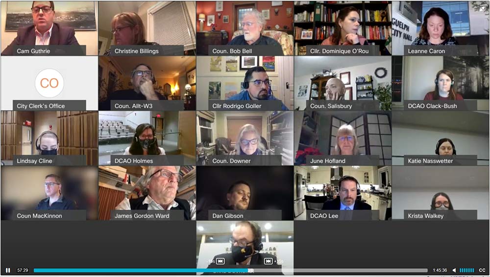 Screenshot of the live video feed of the Guelph City Council Planning meeting on December 13, 2021