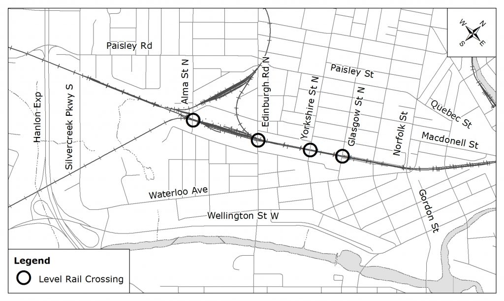 Map of Metrolinx level crossings in West Guelph