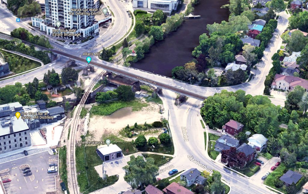 Sattelite view of the Macdonell/Arthur/Elizabeth intersection showing Alan's dam and the Guelph Junction and Metrolinx rail bridges.