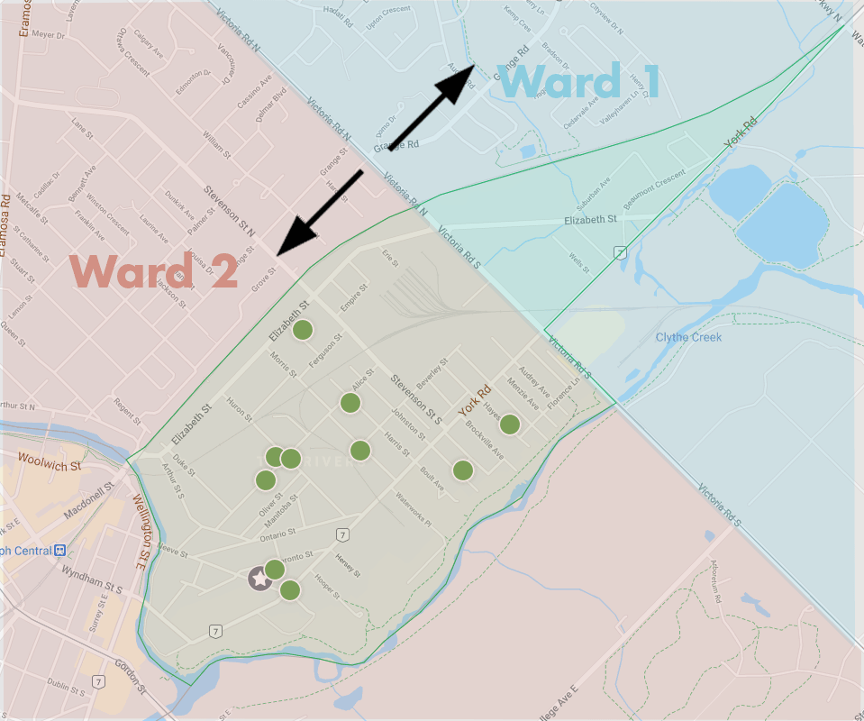A coloured map of sait patricks Ward that shows the boundary along Victoria Street between civic ward 1 and Ward 2