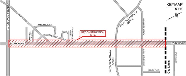 sketch map showing the York road phase 4 reconstruction site from Victoria road to Guelph city limits east of Watson Road