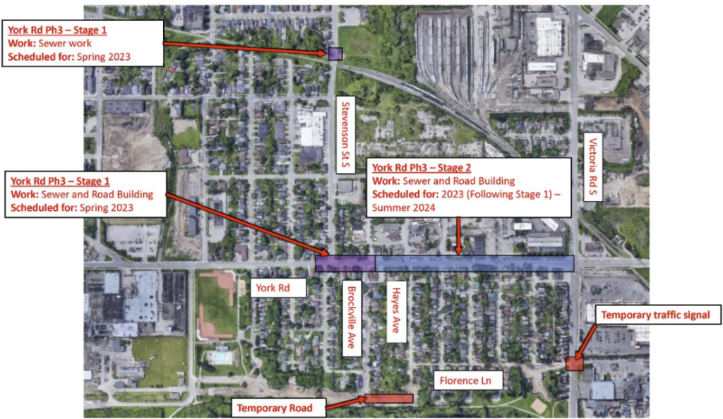 coloured sketch map showing phase 3 stage 1 from Stevenson St. to Brockville Ave, and Phase 3 stage 2 from Brockville ave to Victoria Road S.